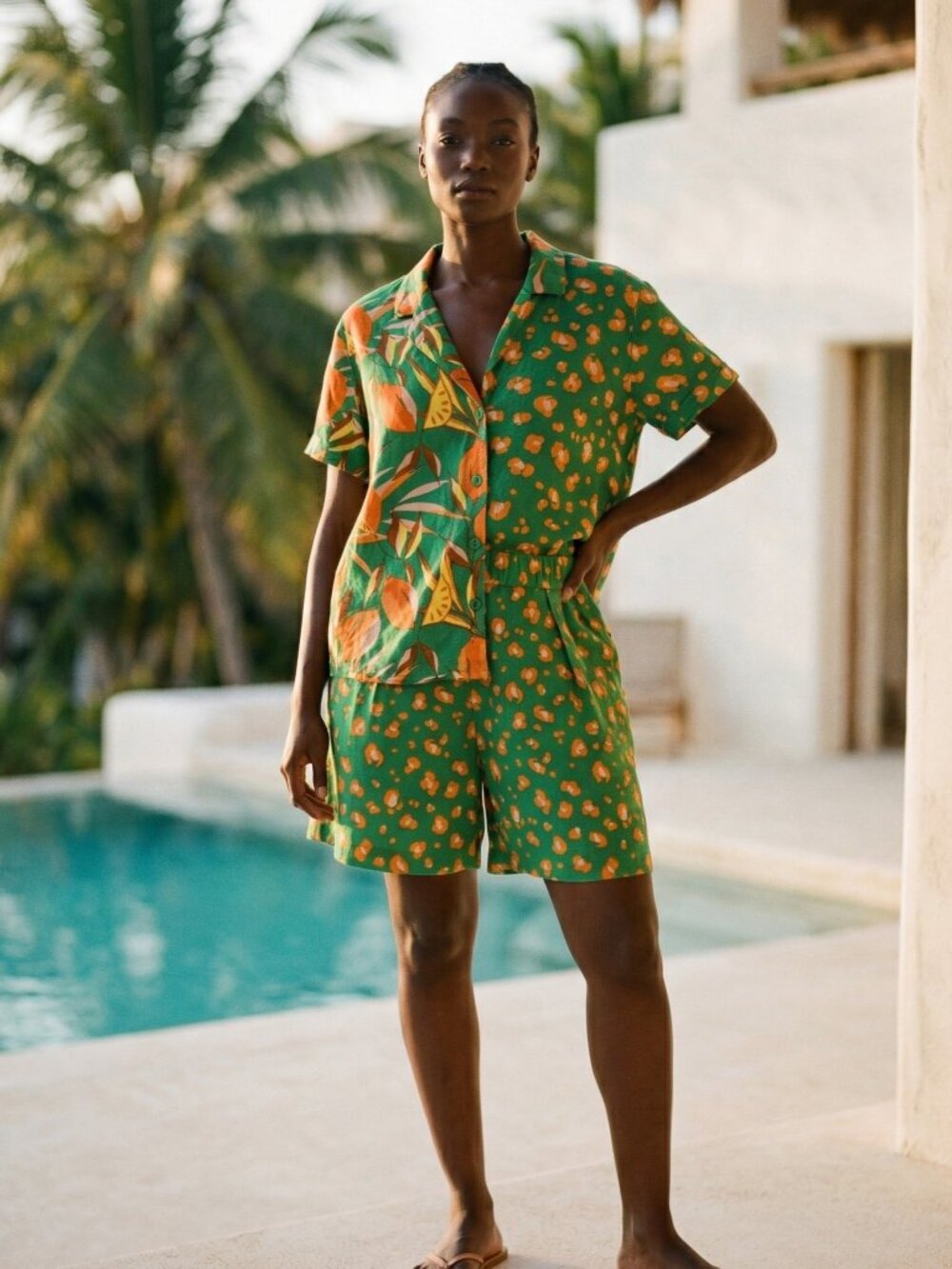 Tabitha Brown Green and Orange Resort Wear Shirt and Shorts Matching Set XL